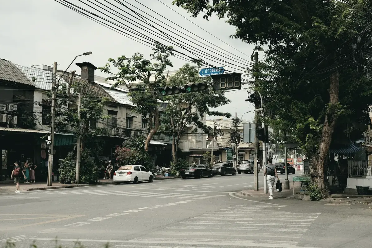 A quiet Bangkok street lined with trees and low buildings