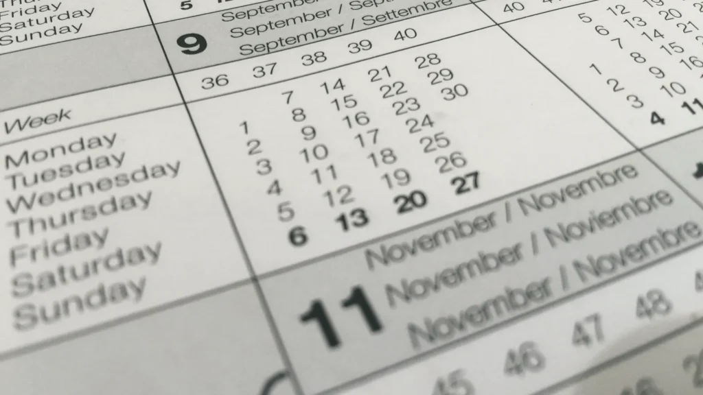 A close-up of a printed calendar page showing the days of the month