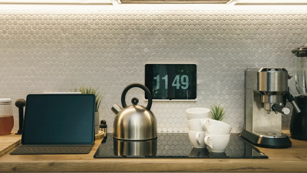 A modern kitchen counter with a digital clock on the wall