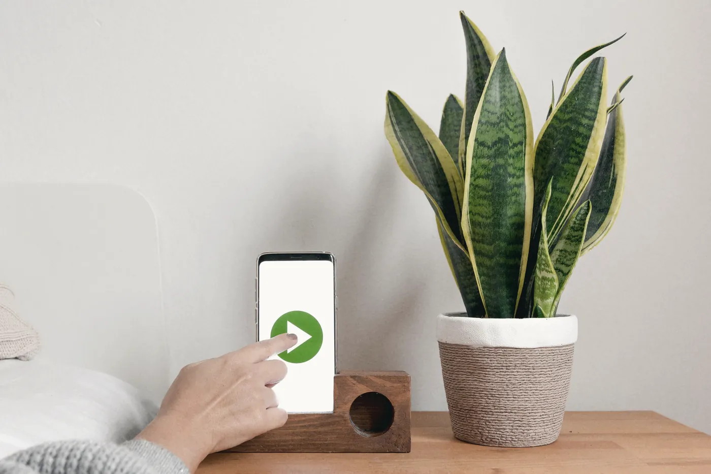 A hand tapping a smartphone screen beside a potted plant