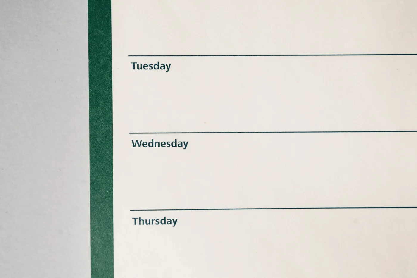 A weekly planner page showing the days of the week