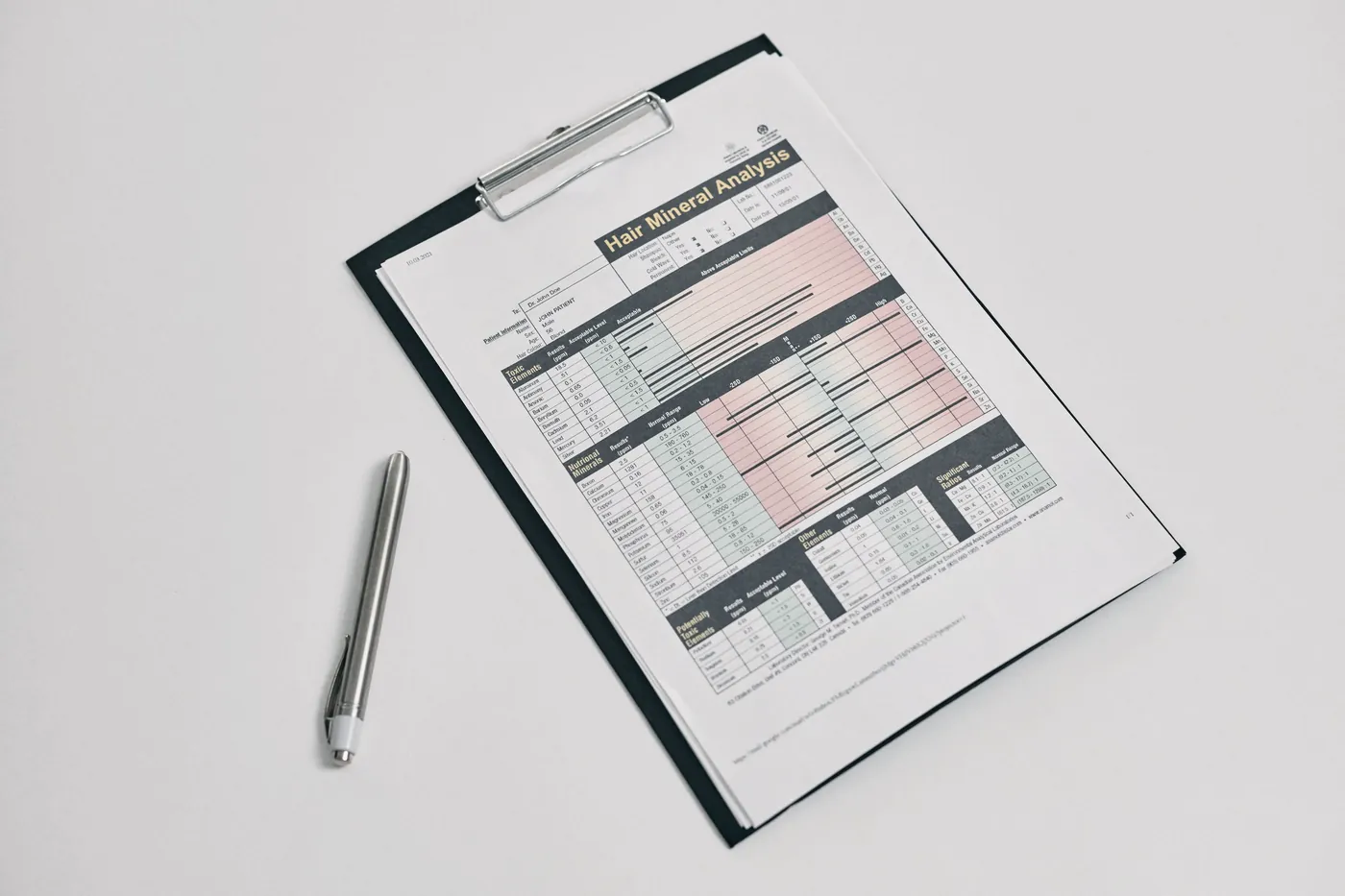 A printed lab report clipped to a clipboard beside a pen